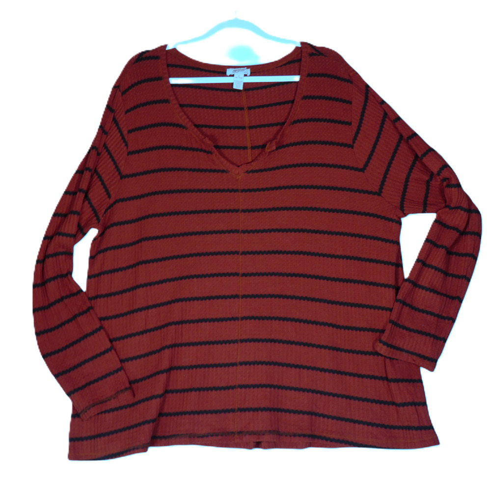 AZ Jeans Knit Top Womens 3X Red Brown Stripe Thermal Knit V Neck Long Sleeve